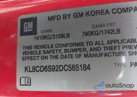 2013 Chevrolet Spark 1Lt Auto из США, поврежденный, VIN KL8CD6S92DC565184